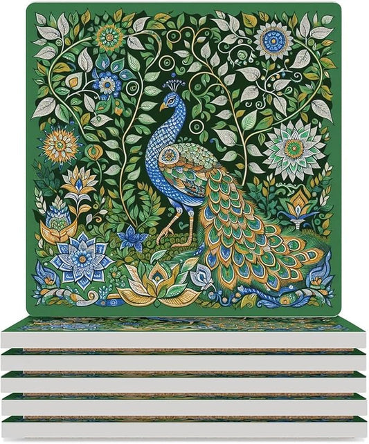 Square-6PCS Peacock Drink Coasters, Square Modern Ceramic Absorbent Coasters, Beautiful Green Plant Floral Peacock Boho Art Pattren Decor Desk Coffee Table Coaster for Beverage Cup Tea Coasters
