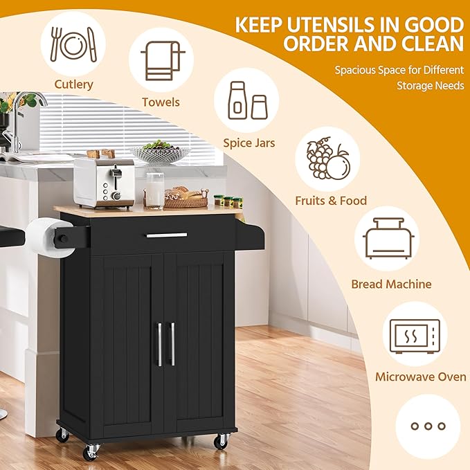 Yaheetech Kitchen Island on Wheels with Storage Cabinet, Rolling Kitchen Cart with Bamboo Top & Drawer & Spice Rack Towel Bar, Microwave Stand Cart for Kitchen/Dining Room, Black