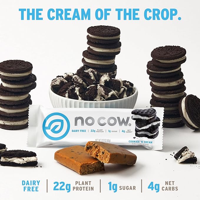 No Cow Vegan Protein Bars, Upgraded Cookies 'n Cream | 20g Plant Based Protein, Gluten Free, Dairy Free, Soy Free, Keto Friendly, Low Sugar, High Fiber Snack Bars | Pack of 12
