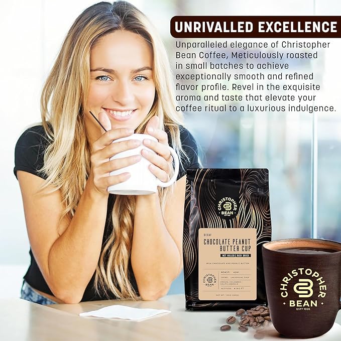 Christopher Bean Coffee - Certified Kosher - Decaf Ground Universal Drip Chocolate Peanut Butter Cup Flavored Coffee| Coffee Beans with Medium Roast 100% Arabica, No Sugar, No Fats, Non-Gmo | 10-Ounce Bag