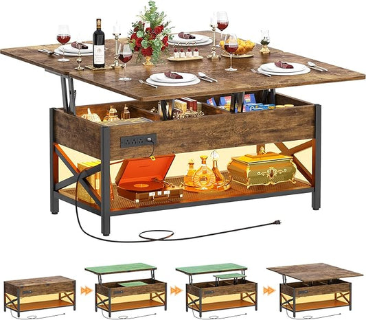 Aheaplus Coffee Table Lift Top with LED Light and Power Outlet, Multi-Function Coffee Table Converts to Dining Table, Center Table with Shelves for Living Room Reception Home Office, Rustic Brown