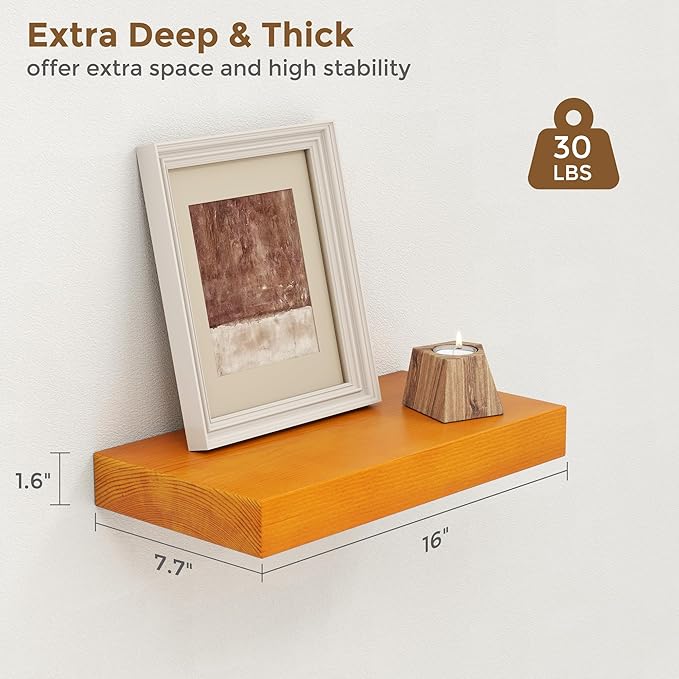 Marsmiles Wood Floating Shelves | Rustic Honey Oak Wall Shelves Set of 2 | 16" W x 7.7" D x 1.6" H Wooden Shelves for Bathroom Living Room Kitchen