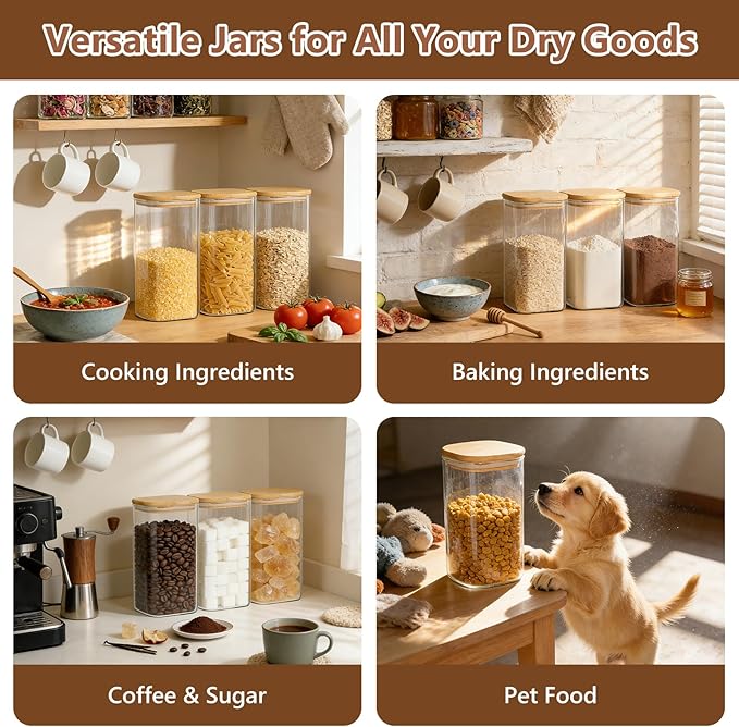 KEYWING 50oz Airtight Glass Storage Containers with Lids Set of 3, Square Glass Jars with Bamboo Lids, Kitchen Pantry Storage Canister for Flour, Sugar, Cereal, Coffee Beans, Pasta, Cookies & Tea