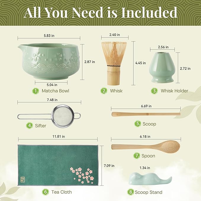 Matcha Whisk Set 9pcs – Matcha Tea Set with Ceramic Matcha Bowl, Bamboo Whisk (Chasen), Scoop, Sifter | Matcha Kit for Japanese Tea Ceremony & Beginners(Green)