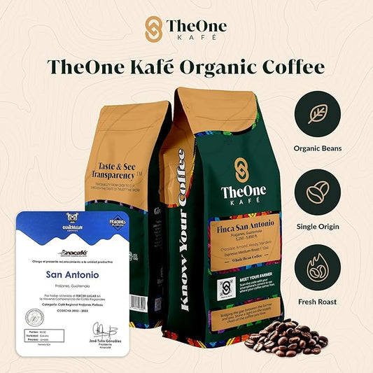 TheOne Kafé Guatemala Medium Roast Whole Bean Coffee – Organic, Single Origin, Premium Specialty Coffee, Ethically Sourced, Smooth & Rich Flavor – Fresh Roasted for Espresso, Drip, Pour Over – 12 oz