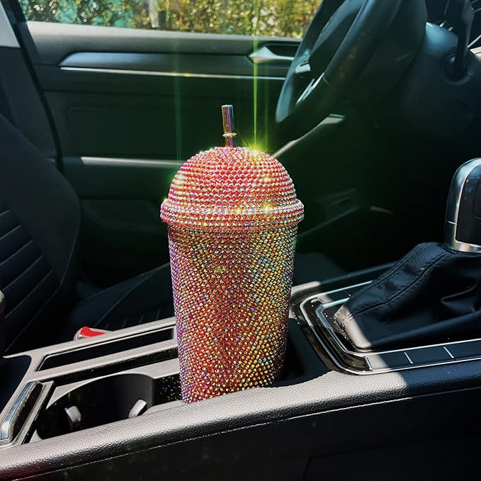 24oz Bling Cup Handmade Rhinestones Studded Tumbler Double Wall Insulated Plastic Reusable Water Bottle with Lid and Straws for Home Office Party Beach (Bright Red)