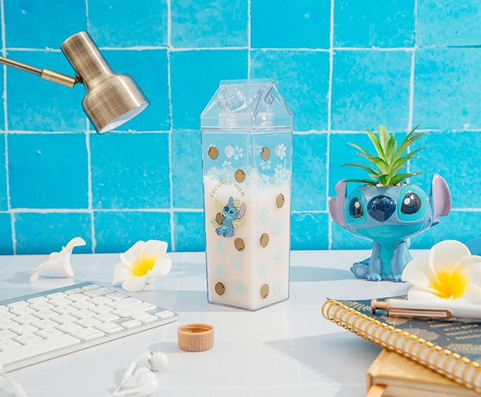 Silver Buffalo Disney Lilo and Stitch "Coconut Milk" Plastic Milk Carton Pitcher Bottle, 16.2 Ounces