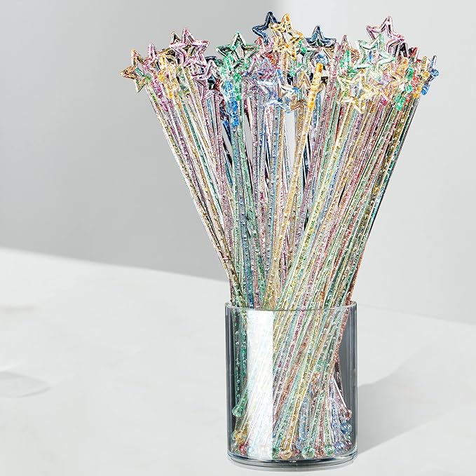 Mudder 100 Pieces 9.1 Inch Christmas Swizzle Sticks Cocktail Stirrers Plastic for Bar Disposible Plastic Star Top Crystal Swizzle Sticks for Christmas Party(Glittery Mixed Color)