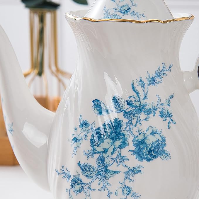 tea pot ceramic, Porcelain teapot with lid, 38.8 Oz for Tea, Milk, Coffee, Flower tea(Blue)