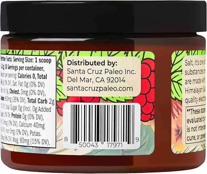 Santa Cruz Paleo Electrolyte Powder, Raspberry Mint Flavor, Sugar Free Hydration Drink Mix with Himalayan Pink Salt, Sea Salt, Magnesium Glycinate, Potassium Chloride, Sweetened with Stevia, 30 Srvgs