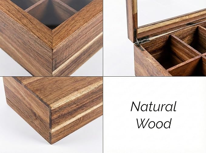 Acacia Wood and Bamboo Tea Bag Organizer - 4 & 8 Compartment Tea Box for Countertop - Tea Station & Coffee Bar Accessories - Fits Large & Craft Tea Bags (Bamboo, 8 Compartment)