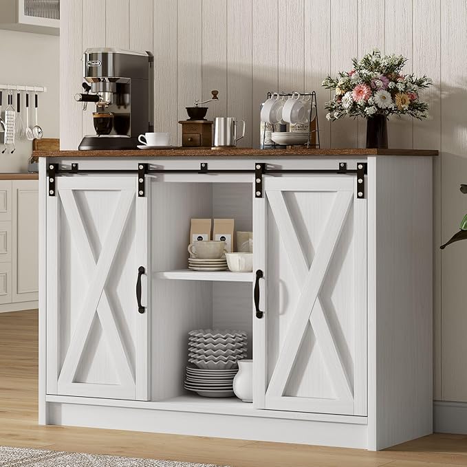 4 EVER WINNER 42" Coffee Bar Cabinet, Sideboard Cabinet with Adjustable Shelf for Kitchen, Farmhouse Buffet Cabinet with Storage