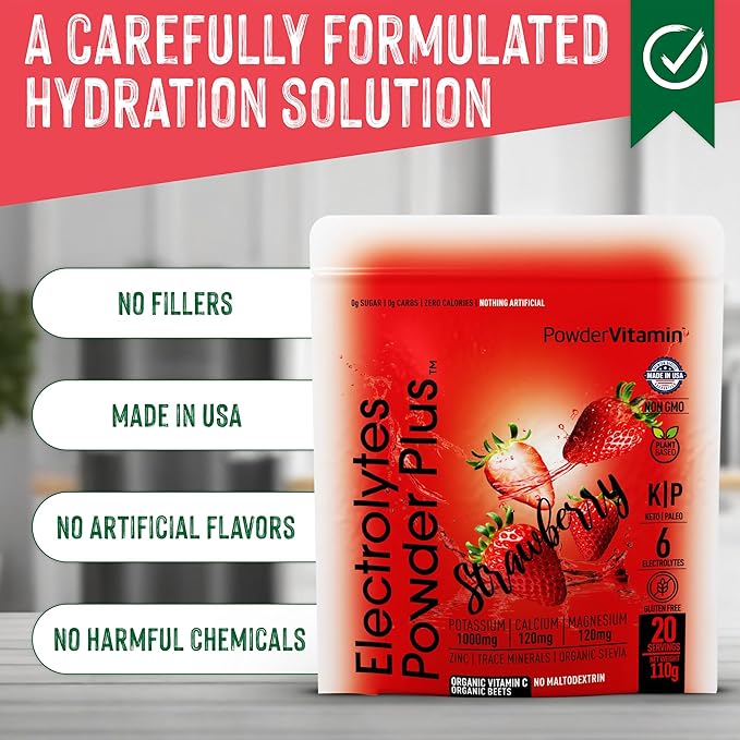 PowderVitamin Electrolytes Powder Plus (20 Servings) Strawberry Electrolyte Powder, No Maltodextrin, Keto,Sugar Free,Pink Himalayan Salt,1000mg Potassium,120mg Calcium,120mg Magnesium,Hydration Powder