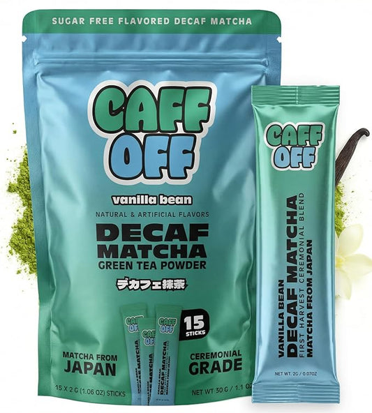 Caff Off Decaf Vanilla Matcha Green Tea Powder From Japan – 15 Sticks ( 2 g each / 30 g total) - Ceremonial Grade & Sugar-Free – No Fillers or Milk Powders – Naturally Decaffeinated Without Chemicals – Tested for Heavy Metals – First Harvest, Shade-Gro...