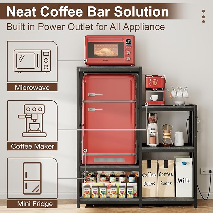 Mini Fridge Stand Coffee Bar Cabinet Station With Small Refrigerator Insert Storage Space, Shelf Organizer For Dorm Microwave To Sit On, Grey Baker Rack With Power Outlet, Big Table To Go Over Fridge
