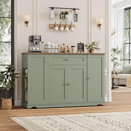 HOSTACK Kitchen Island Cart with Storage, 47'' Kitchen Storage Island on Wheels with 2 Drawers, Rolling Island Table with Adjustable Shelves, Mobile Buffet Sideboard Cabinet for Dining Room, Green