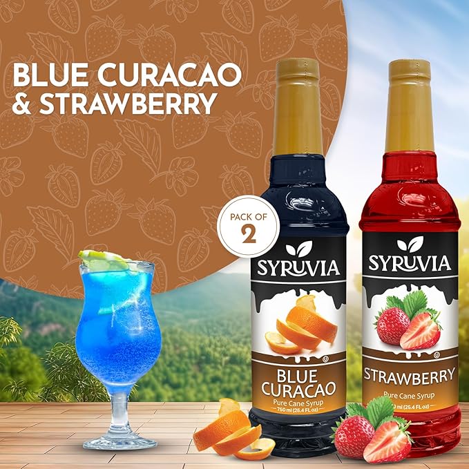 Syruvia Blue Curacao & Strawberry Summer magic Variety Pack - 25.4oz Ideal for Cocktails, Desserts, Italian Soda, Ice and More, Kosher and Gluten-Free.