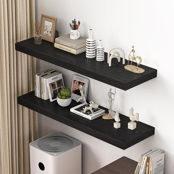 Dreamland 48" Floating Shelves for Wall, 12" Deep Thicker Black Floating Shelves, Wall-Mounted Shelves for Bedroom, Living Room, Kitchen, Bathroom - Set of 2