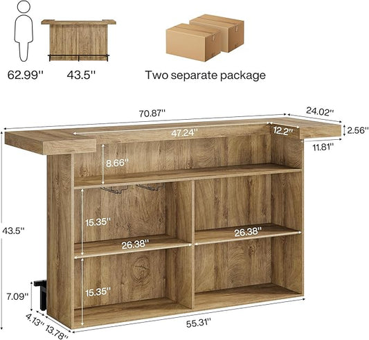 Tribesigns 4-Tier Bar Table, 70.9-Inch Large Wooden Home Bar Unit with Wine Glass Holder and Black Footrest, Pub Table with Storage Shelves for Basement, Dining Room, Living Room, Light Brown