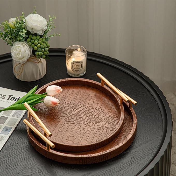 Modern Decorative Serving Tray, Set of 2 Modern Crocodile Leather Round Trays with Polished Metal Handles, Decorative Trays Coffee Table Tray Ottoman Platter for Home Decor (Brown)