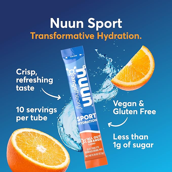 Nuun Sport Electrolyte Powder Packets with Magnesium, Calcium, Potassium, Chloride, and Sodium, Hydration Packets for On-The-Go, All Out Orange Flavor, Gluten Free & Vegan, 16 Single Servings