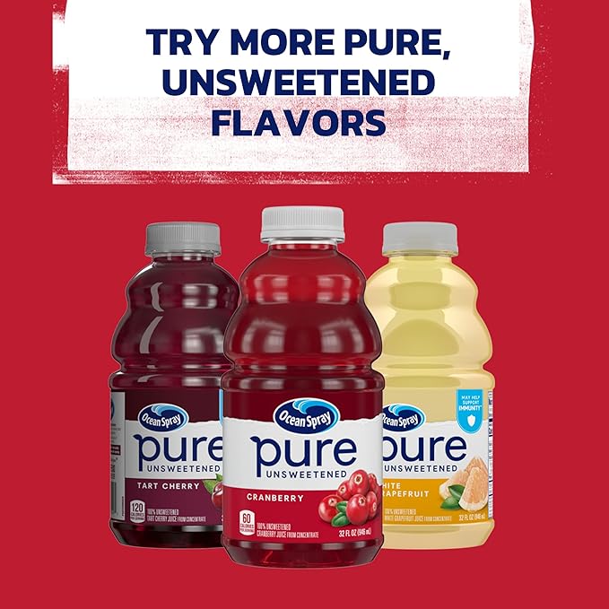 Ocean Spray® Pure Unsweetened Cranberry, 100% Cranberry Juice From Concentrate, 32 Fl Oz Bottle (Pack of 8)