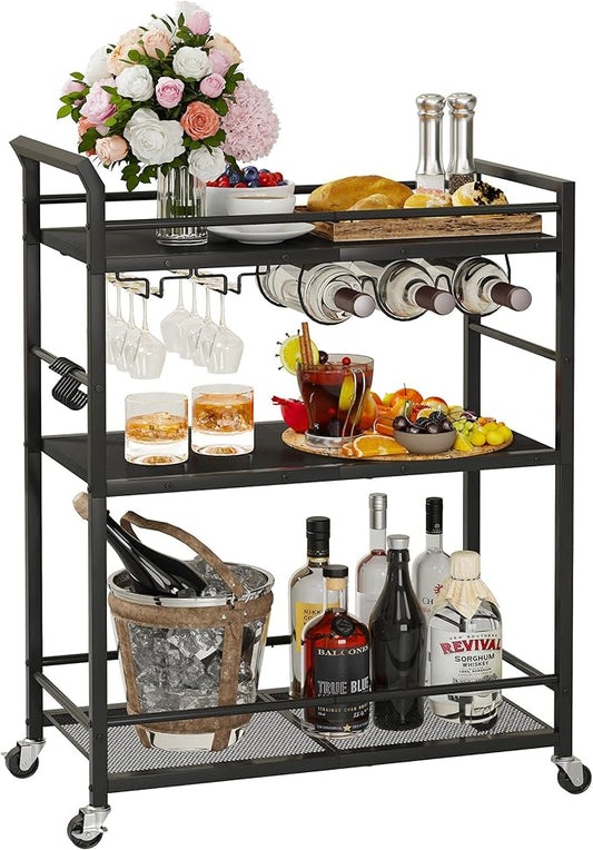 Black Bar Cart Home, Rolling Small Bar Cart, 3 Tier Liquor Cart, Wine Cart with Wine Rack, Drink Cart with Wheels, Metal Beverage Cart for Kitchen Dining Living Room Black GBC507B