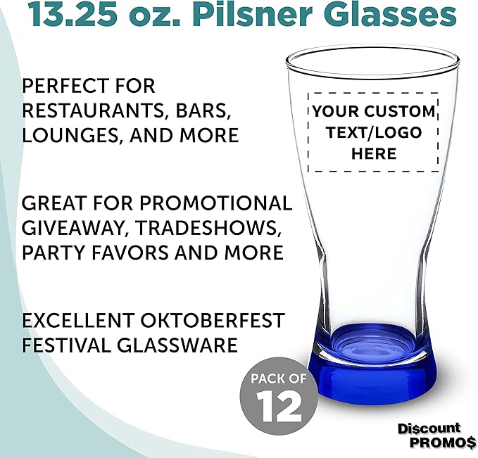 Custom Pilsner Glasses 13.25 oz. Set of 12, Personalized Bulk Pack - Made in the USA, Perfect for Hotels, Restaurants, Bars and Even Party Favors - Blue