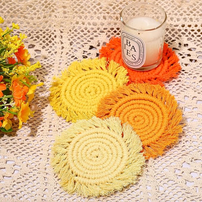 Whaline 4Pcs Boho Macrame Coasters Yellow Orange Handmade Woven Drink Coasters Farmhouse Rustic Cup Mat Pad for Home Kitchen Office Fall Party Table Decor