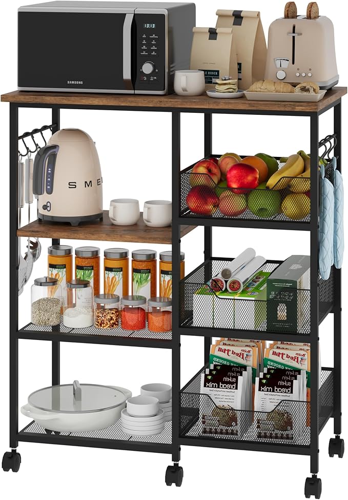 SWTYMIKI Kitchen Island Cart on Wheels - 28.35x14.57in Rolling Kitchen Table Cart with Storage Shelves, 6 Removable Hooks& Locking Casters, Coffee Bar Cabinet for Dining Room Pantry Office, Espresso