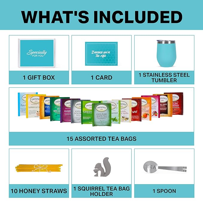 Modern Elegance Tea Tumbler Gift Set – Includes Tea Bag Holder, Spoon, Honey Straw, 15 Assorted Flavor Blends & Hot & Cold 12oz Insulated Tumbler – Ideal for Holiday Gift for Tea Lovers – Teal