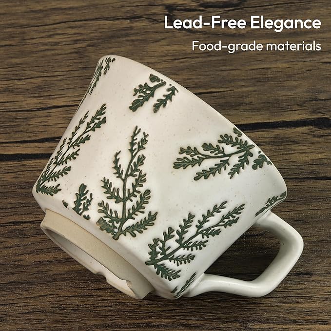 LINVIA Ceramic Coffee Mug, 12 oz Novelty Unique Teacup with Handle, Stoneware Cup for Tea Mocha Latte Cappuccino Espresso (Set of 2, Ivy and Leaf)