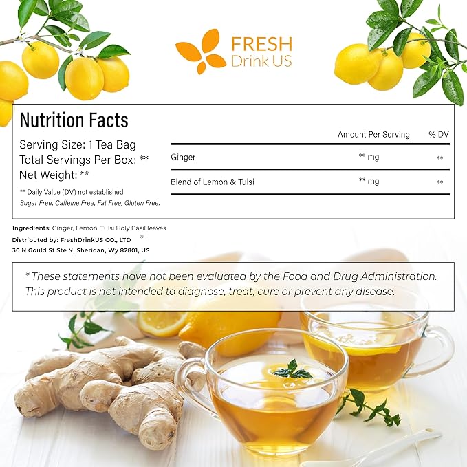 FreshDrinkUS, Premium 75 Tulsi Lemon Ginger Tea Bags, 100% Natural & Pure from Tulsi Holy Basil Leaves, Lemon and Ginger. Made with Natural Material Tea Bags. No Sugar, No Caffeine, Vegan.