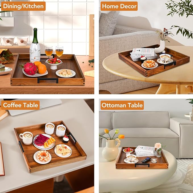 Large Ottoman Tray for Living Room and Coffee Table, Decorative Acacia Wood Serving Tray with Handles for Breakfast in Bed, Dinner Food Kitchen TV (Natural, 20" x 20" x 2")