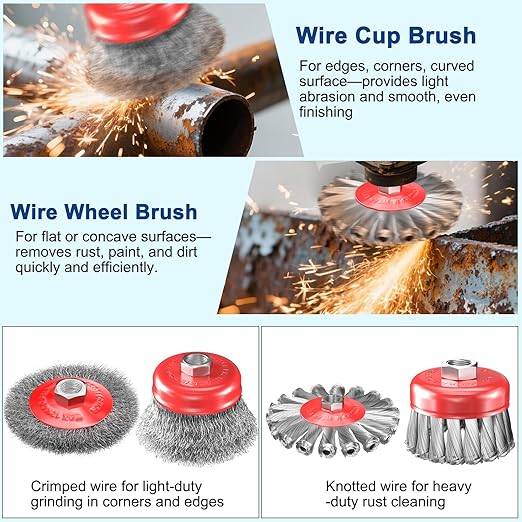 BURMONG 4 PCS Wire Wheel Brush for 4-1/2" Angle Grinder, Carbon Steel Knotted & Crimped Cup/Wheel Brushes (3" & 4"), Heavy Duty Rust, Paint, Corrosion Removal, 5/8"-11 UNC Threaded Arbor
