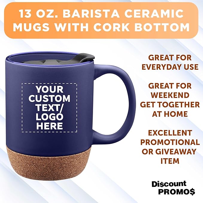 Custom Barista Ceramic Mugs with Cork Bottom 13 oz Set of 12/36/72 Personalized Bulk Pack Perfect for Coffee Tea Espresso Hot Cocoa Other Beverages - Blue