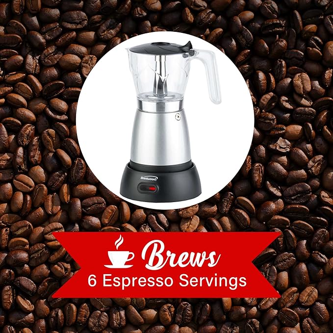 Brentwood TS-119S 550-Watt Cordless Electric Moka Pot Espresso Machine, 6-Servings (Silver)