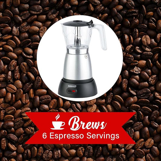 Brentwood TS-119S 550-Watt Cordless Electric Moka Pot Espresso Machine, 6-Servings (Silver)