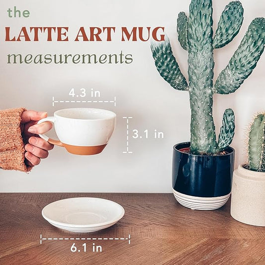 MORA Ceramic Latte Art Mug With Saucer - 10.5 oz, Round Bottom For Perfect Pours - Cafe Cups for Cappuccino, Espresso, Coffee, Tea etc - Porcelain Set for Baristas, Great Gift - Vanilla White
