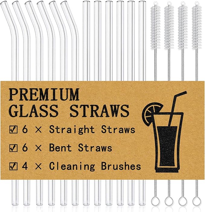 Piteno® 16-Pack Reusable Glass Straws, Clear Glass Drinking Straws, 10''x10MM, Set of 6 Straight and 6 Bent with 4 Cleaning Brushes, Perfect for Smoothies, Milkshakes, Juice, Tea