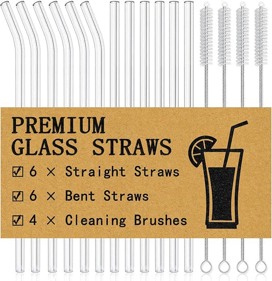 Piteno® 16-Pack Reusable Glass Straws Set, Clear Glass Drinking Straws, 8.5''x10MM, Set of 6 Straight and 6 Bent with 4 Cleaning Brushes, Perfect for Smoothies, Milkshakes, Juice, Tea