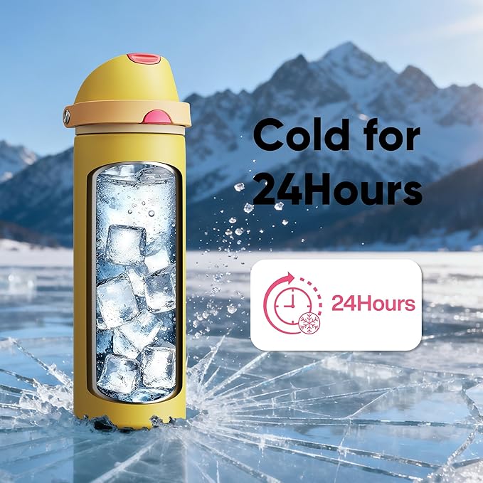 Insulated Water Bottle with Straw - Encool Stainless Steel Water Bottle with Push Button Lid, Leak-Proof & BPA-Free, Keeps Cold for 24 Hours for Sports, Travel, Gym (24 oz, Ginger)