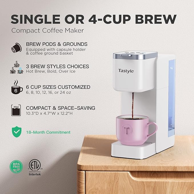Tastyle Single Serve Coffee Maker, Iced and Hot Coffee Machine for K Cup & Grounds, Compact Design, 40oz Removable Water Reservoir, 6 to 24 Oz Brew Sizes, Fits 7.3" Travel Mug, White