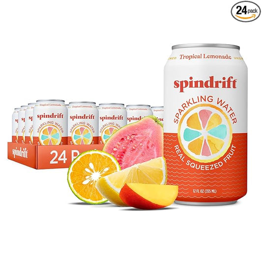 Spindrift Sparkling Water, Tropical Lemonade Flavored, Made with Real Squeezed Fruit, 12 Fl OZ Cans, Pack of 24 (Only 13 Calories per Can)