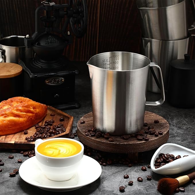 4 Pcs Stainless Steel Pitcher with Handle and Pour Lip 33.8 Oz, 1000 Ml, 4 Cup Metal Liquid Measuring Cup Measuring Jug Milk Frothing Pitcher for Milk Latte Art Water Pouring