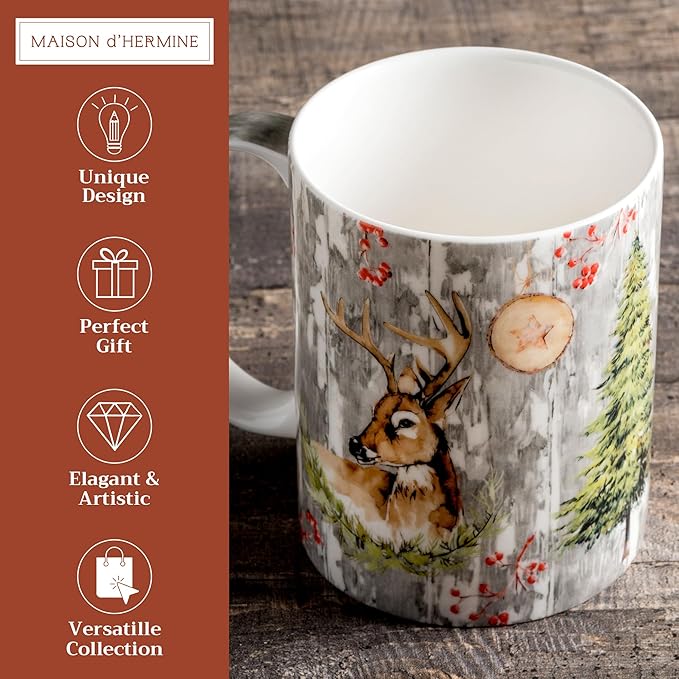 Maison d' Hermine Coffee Mug with Handles Fine Bone China Mugs Pack of One Tea Cups for Hot Beverages Cappuccino Latte Home Restaurant Office Perfect for Gift (Mountain Life - Chalet, 12 Ounce)