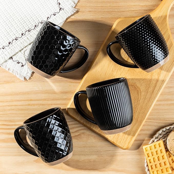 GBhome Large Coffee Mugs Set of 4, 16oz Handmade Embossed Coffee Mugs Set with Large Handle for Cappuccino/Latte/Tea/Hot Cocoa, Dishwasher & Microwave Safe, Black