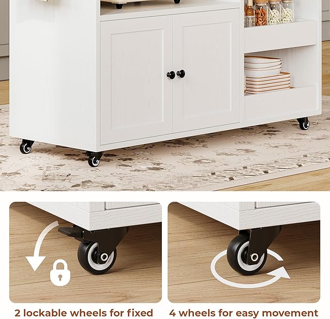LIKIMIO Kitchen Island with Drop Leaf, Rolling Kitchen Island Cart on Wheels with Storage, Microwave Cart with Pull Out Open Shelves and Drawer, Mobile Kitchen Storage Islands, White