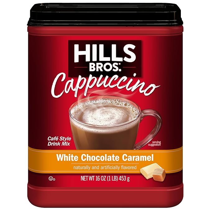 Hills Bros. Cappuccino Mix – Rich, Frothy Coffeehouse-Tasting Instant Drink Mix – Quick and Easy Preparation – Perfect for Hot & Iced Drinks & Creaming Coffee – White Chocolate Caramel, 1 Pack of 16oz