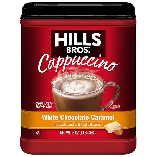 Hills Bros. Cappuccino Mix – Rich, Frothy Coffeehouse-Tasting Instant Drink Mix – Quick and Easy Preparation – Perfect for Hot & Iced Drinks & Creaming Coffee – White Chocolate Caramel, 1 Pack of 16oz